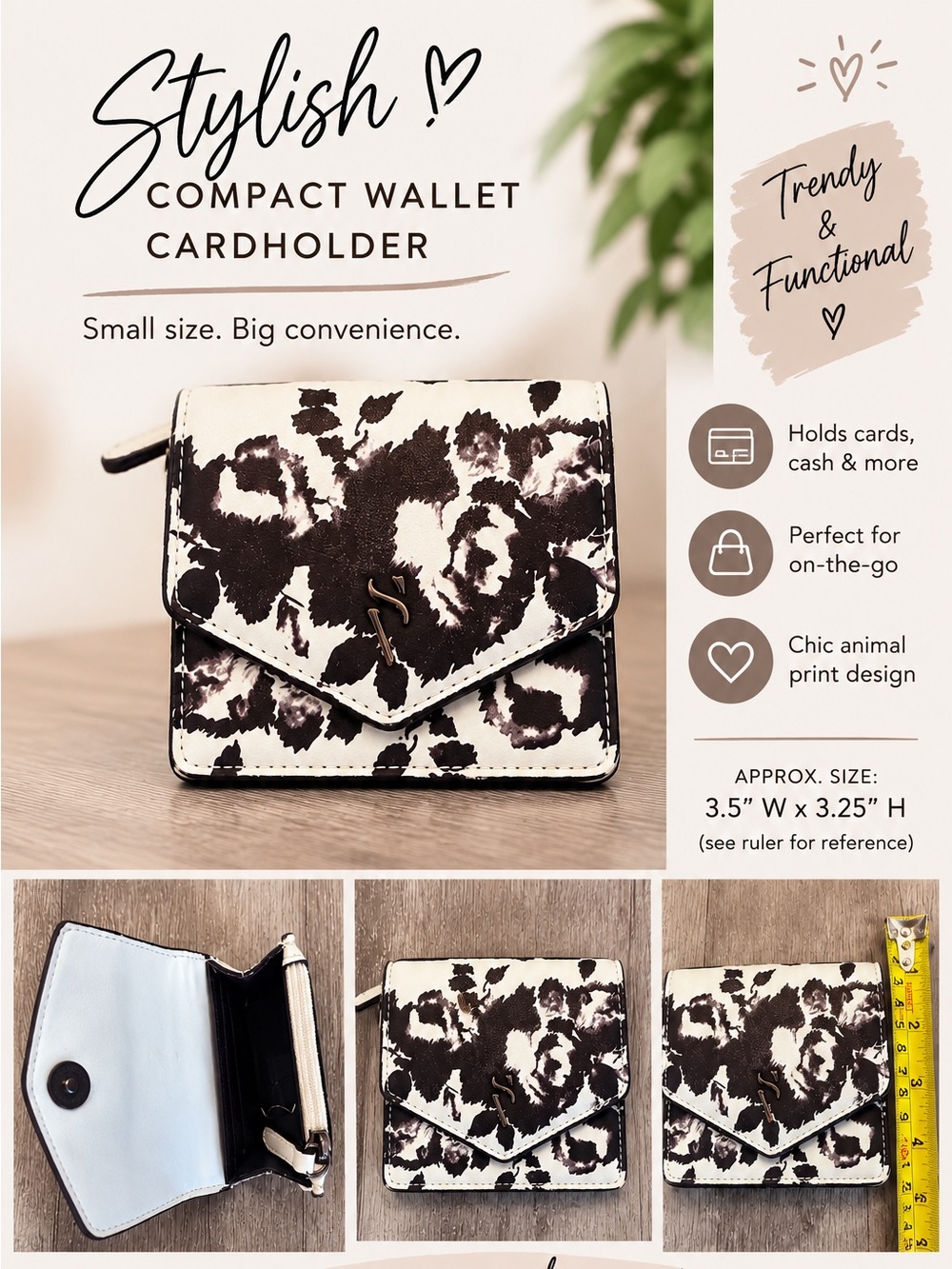 Stylish Compact Wallet Cardholder - Black & White Animal Print
